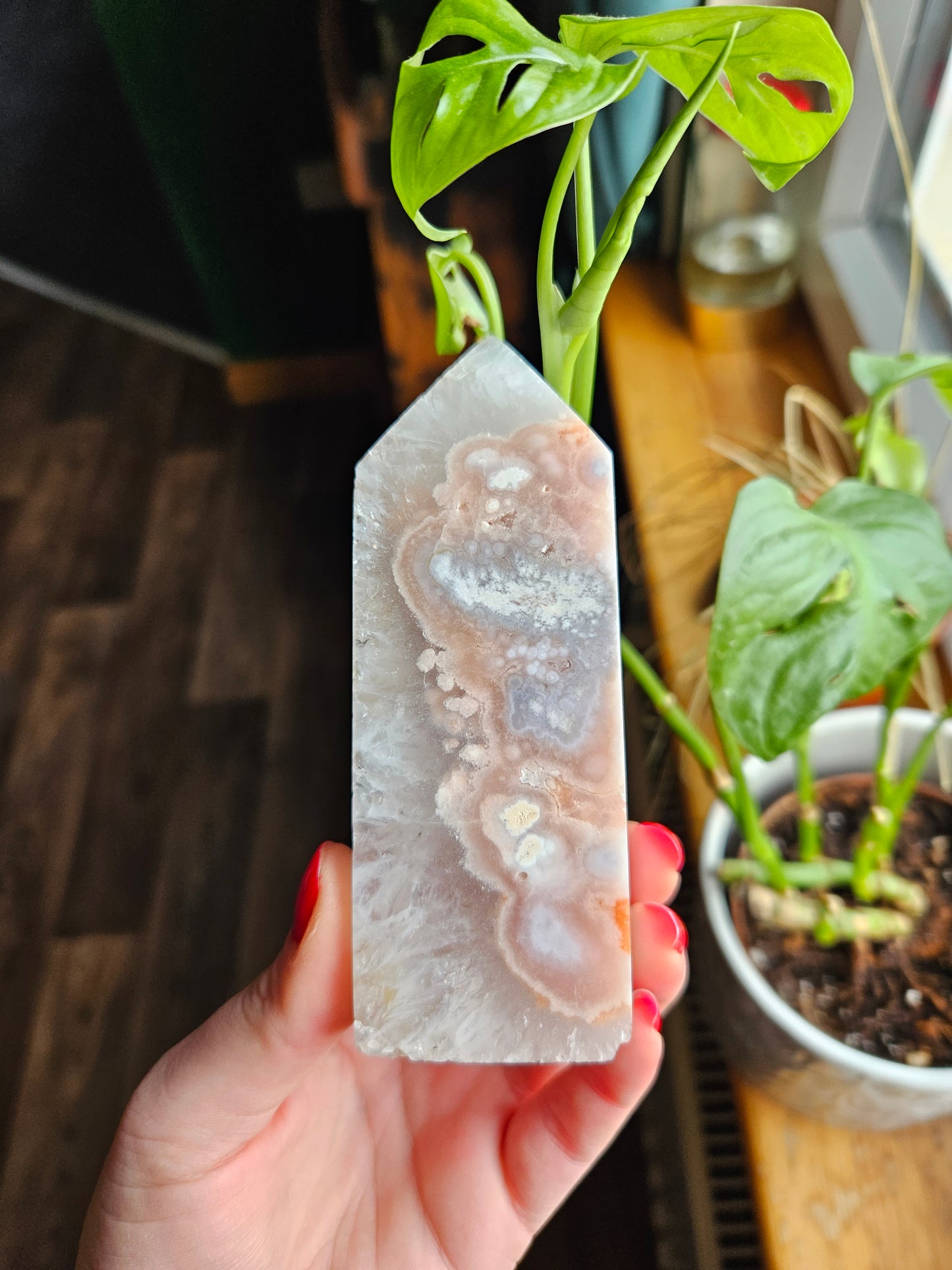 Pink Amethyst with Flower Agate tower